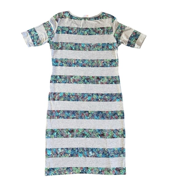 LuLaRoe Women’s Medium Gray/Green Julia Fitted MIDI-Dress EUC - Picture 3 of 5